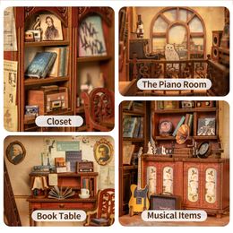 CUTEBEE DIY Book Nook Kit Miniature Doll House with Touch Light Dust Cover Bookshelf Insert Model Toys Gift Secret Rhythm
