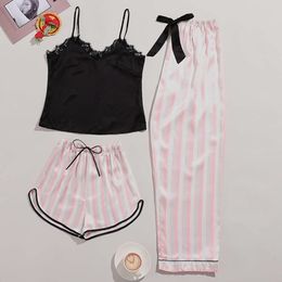 2024 Women's striped pajama three piece set with suspender shorts, long pants, home clothing, spring and summer comfortable loose fitting pajama set