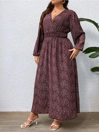 Womens Plus Size VNeck Dress Fashion Ditsy Floral Print Lantern Sleeve Dresses Long Sleeved Waist and Ankle Skirt 240506