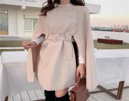 Korean Fashion Style Solid Colour Loose Cape Coat Collect Waist Woollen Medium Long Women Winter Tops For Woman Women039s Wool 9979495