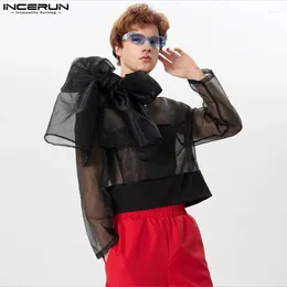 Men's Casual Shirts INCERUN Tops 2024 American Style Men Tie Neckline Mesh See-through Stylish Male Thin Long Sleeved Blouse S-5XL