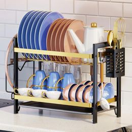 Kitchen Storage 2-Tier Dish Drying Rack Anti-Slip Dryer With Drainboard & Utensil Holder Cutting Board For Counter