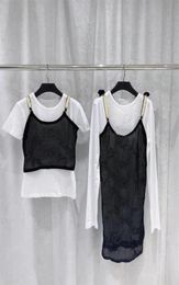 Casual Dresses Two Piece Sets With White Shirt Small Sweet Black hollow Out Braces Dress Shirt Lovely TShirt2436100