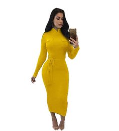 Knit cotton dress print Autumn New Trend lady casual Yellow White Sheath Tight waist Sashes band pockets decoration Mid Calf dress5011884