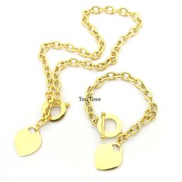 Women 925 New York engraved letters O T chunky chains heart charms Bracelet Necklace jewelry sets stainless ladies party gift wholesale 18k gold Jewelry set