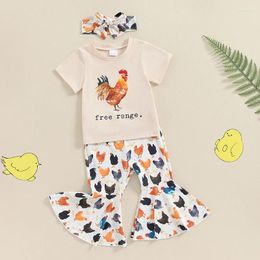 Clothing Sets Toddler Baby Girl Farm Outfit Free Range Short Sleeve Crewneck T-shirt Chicken Print Flared Pants Set Summer Clothes