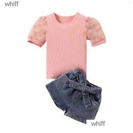 Clothing Sets 2Pcs Girls Summer Outfit Dots Splicing Short Sleeve T-Shirt Denim Shorts With Waist Belt Set For Kids 1-6 Years Drop D Dhcp2