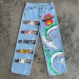 Japanese Anime Graphic Embroidered Baggy Jeans Streetwear Y2K Jeans Men Women High Waist Wide Trouser Harajuku Blue Pants 240508