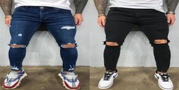 Men Jeans Knee Hole Ripped Stretch Skinny Denim Pants Solid Colour Black Blue Autumn Summer HipHop Style Slim Fit Trousers S4XL 2207759122