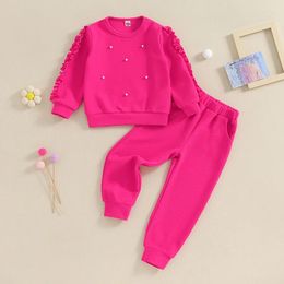 Clothing Sets 2-7years Kid Girls Spring Fall Outfits Ruffle Long Sleeve Pearl Beaded Sweatshirt Pants Set Toddler Rose Red Clothes