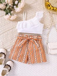 Clothing Sets Girls new summer casual resort-style suit top lace slanted shoulder vintage shorts two-piece Y240520PGY6