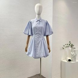 Party Dresses 2024 Spring Summer High Quality Light Blue Lantern Half Sleeve Puffed Hem Yellow Mini Dress For Women