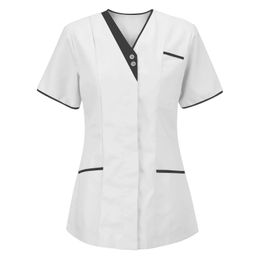 Healthcare Nurse Solid Uniform Women Pocket Scrub Tops Short Sleeve Blouse Spa Salon Overalls Dental Vet Carer Uniforms 240506