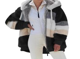 Wool Blends Jacket Women Winter Coat Casual Female Plush Patchwork Zipper Pocket Hooded Coats Loose Outerwear Women039s Jacket3712668