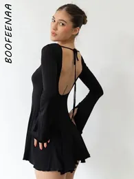 Casual Dresses BOOFEENAA Cute Sexy Backless Pleated Mini Dress Y2k Girls White Black Women Long Sleeve Fall Winter Outfits C95-CB25