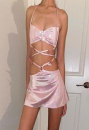 Casual Dresses 2021 Glitter Pink Two Piece Set Fairy Grunge Bandage Dress Summer Clothes Sexy Club Rave Festival Outfits Fashion Y4832560