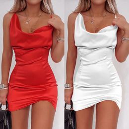 Casual Dresses Women Ladies Square Collar Solid Colour Hip Sexy Strap Dress One Sleeve