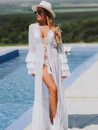 White Chiffon Long Sleeved Ruffled Women's Cardigan Kimono Beach Dress Elegant Wear Swim Suit Cover Up Outfits Caftan D5
