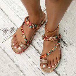 Sandals Summer Women Flat Boho Rhinestone Flip Flops Comfortable Open Toe Elastic Ankle Strap Roman Women's