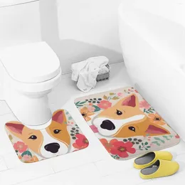 Bath Mats Bathroom Rugs Sets 2 Piece Dog Florals Absorbent U-Shaped Contour Toilet Rug