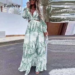 Basic Casual Dresses Sexy Deep V-Neck Hollow Out Dress Women Elegant Tie-Dye Ruffle Party Maxi Dress Summer Fashion Long Sleeve Loose Dress Vestido J240516