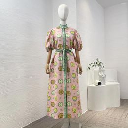 Casual Dresses 2024 High Quality Linen Pink Colored Porcelain Half Sleeve Plate Print For Female Women Lady Midi Dress