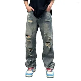 Men's Jeans Hip Hop Style Ripped Loose Straight Pants Distressed Wide Leg With Holes Multiple For Streetwear