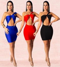 women sexy night club dresses wrap oneshoulder party dress front cut out sleeveless mini bodycon dress blue black red3482019