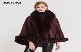 JKKFURS Women039s Poncho Genuine Fox Fur Collar Trim Cashmere Cape Wool Fashion Style Autumn Winter Warm Coat S7358 2012087355879