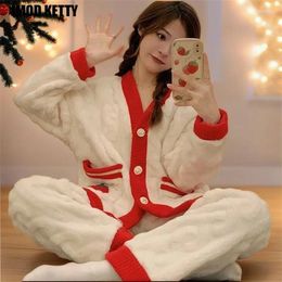 Women's Sleepwear Thick Coral Velvet Long Sleeve V-neck Flannel Pyjamas Home Clothes Autumn Winter Warm Women Pajamas Set