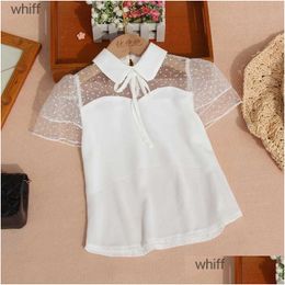 Kids Shirts Fashion Chiffon Blouse For Girls Summer Children White Short Sleeve Teenage Turndown Collar Lace Basic Tshirts 230331 Dr Dhc6F