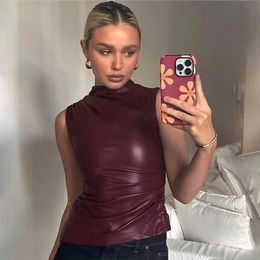 PU Leather Tank Top High Fashion Asymmetrical Ruched Sleeveless Blouse Winter Sexy T Shirt For Women Y2K Clothes 2023 240507