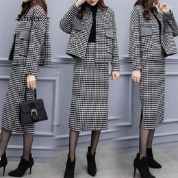 Work Dresses 2024 Winter Women's Fashion Plaid Printed Woollen Coat Split Pencil Skirt Suit Two-Piece