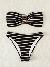 Women's Swimwear Women Striped Bandeau Bikini Sets Two Pieces Thong High Waist Swimsuit Bathing Suit Beach Outfits Biquini