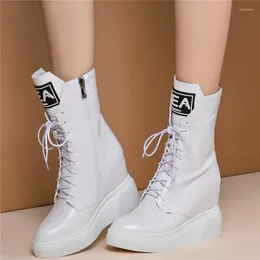 Boots High Top Fashion Sneakers Women Lace Up Genuine Leather Platform Wedges Heel Ankle Female Round Toe Party Pumps Shoes