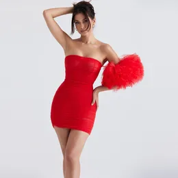 Party Dresses Charming Red Short Prom Boat Neck Mini Length Pleated One Shoulder Puffy Sleeves Sexy Ruffles Cocktail Gowns