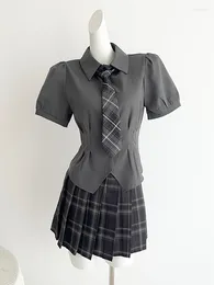Work Dresses Summer Girl JK Japanese Fashion Harajuku Outfits 2 Piece Set Short Sleeve Shirt With Tie Preppy Style Mini Pleated Plaid Skirt