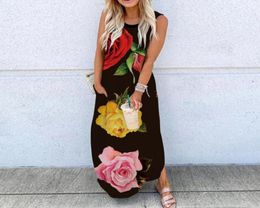 Casual Dresses Boho Summer Dress Womens Floral Rose Printed Robe Femme Sleeveless Beach Long Maxi Vestidos Female Loose Sundress 29479282