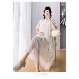 2024 Summer Vintage Pregnant Woman Mesh Embroidery Hollow Out Lace Puff Sleeve Turtleneck Maternity Party Dress Cheongsam L2405