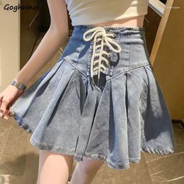 Skirts Chic Denim For Women Sexy Girls Clothing Summer High Waist Fashion Students Lace-up Trendy Design Pleated All-match