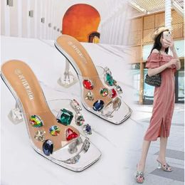 open Crystal Women Slippers Fashion Colour focus Rhinestone square toes outdoors high heel Sandals 9 cm e6c