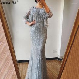 Party Dresses Serene Hill Grey Mermaid Long Sleeves Diamond Beaded Luxury Dubai Evening Gowns For Women 2024 GLA70503