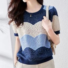 fashionable summer dress hollow out net gauze ice silk knit short sleeve womens round collar thin T shirt loose top 240507