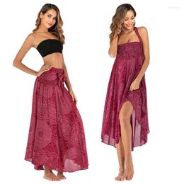 Skirts Bohemian Women Ankle Length Maxi Chiffon Bandage Long Skirt Floral Print Dress Beach Smock Summer Ethnic Mujer Cover Up