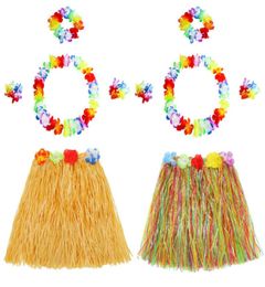 2 Sets Hawaii Hula Grass Dance Skirt Tropical Flower Bracelets Headband Necklace Set for Hawaii Party5867297