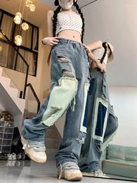 Women's Jeans Women Casual Ripped Holes Denim Fashion Button Streetwear Long Pants Female Vintage Patch Straight Leg Trousers Y2k