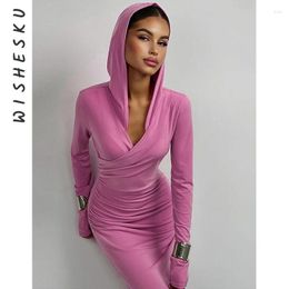 Casual Dresses Hooded Maxi Dress Long Sleeve Solid Colour Ruched Robe 2024 Autumn Winter For Women Bodycon Clubwear Birthday Party Clothing