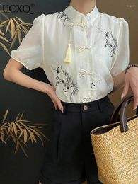 Women's Blouses UCXQ Chinese Style Puff Sleeve Shirt Embroidery Print Casual All-match Stand Short Blouse Top Women 2024 Spring Summer