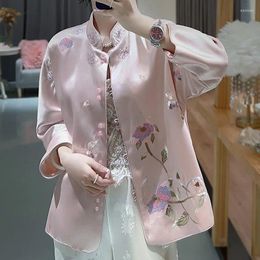 Ethnic Clothing Autumn Chinese Style High-End Acetate Satin Embroidered Coat Women's Vintage Stand Collar Double Breasted Lady Top S-XXL