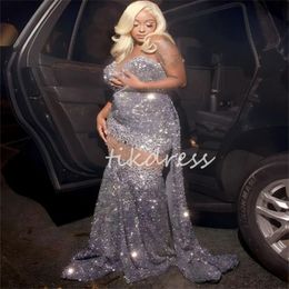 Plus Size Silver Prom Dresses For Black Girls Spark Diamond Crystal Mermaid Evening Dress 2024 Sequined Sixteen Birthday Occasion Formal Party Gowns With Train 2024